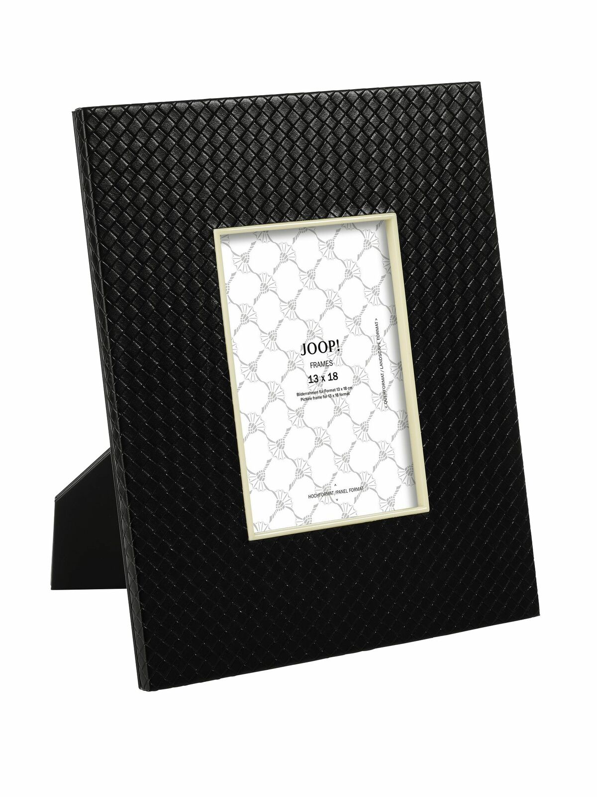 Schwarzer Bilderrahmen 13x18 cm mit gewebter Textur, seitliche Perspektive