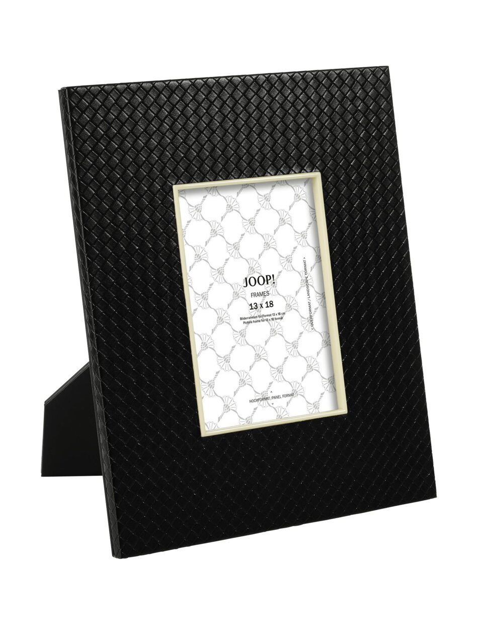 Zwarte fotolijst 13 x 18 cm met geweven structuur, zijaanzicht
