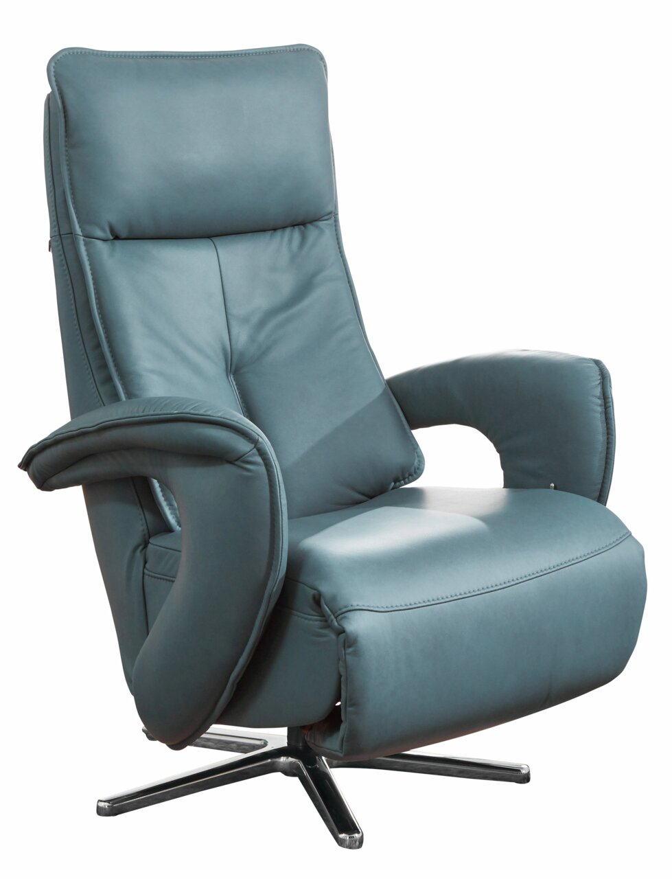 Moderner blauer Relax-Sessel mit Armlehnen und drehbarem Fuß, seitliche Perspektive
