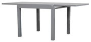 Moderner grauer Gartentisch aus Metall, seitliche Perspektive