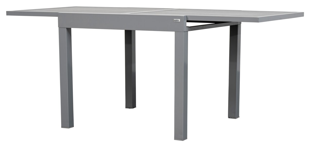 Moderner grauer Gartentisch aus Metall, seitliche Perspektive