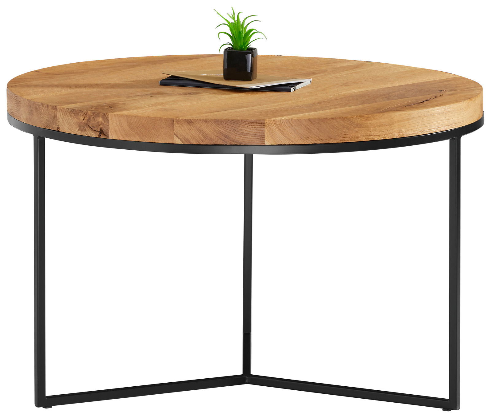 Runder Beistelltisch mit Holzplatte und schwarzem Metallgestell, seitliche Perspektive