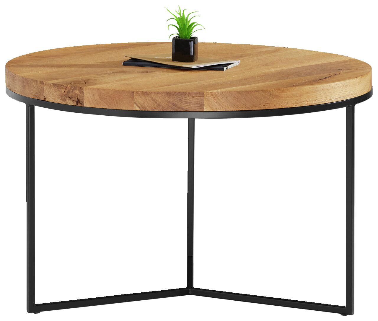 Runder Beistelltisch mit Holzplatte und schwarzem Metallgestell, seitliche Perspektive