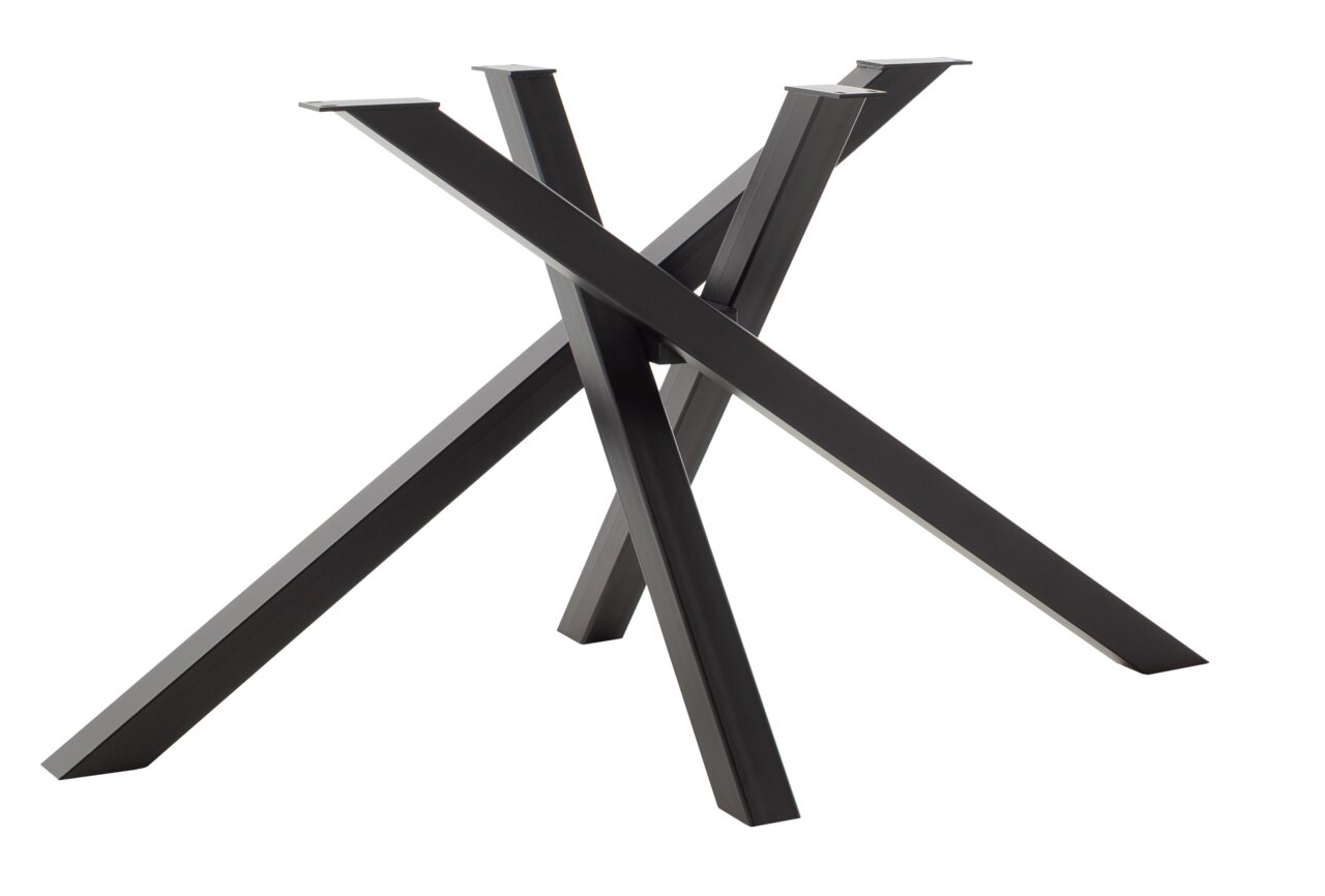 Schwarzes, modernes Tischgestell aus Metall in X-Form, seitliche Perspektive