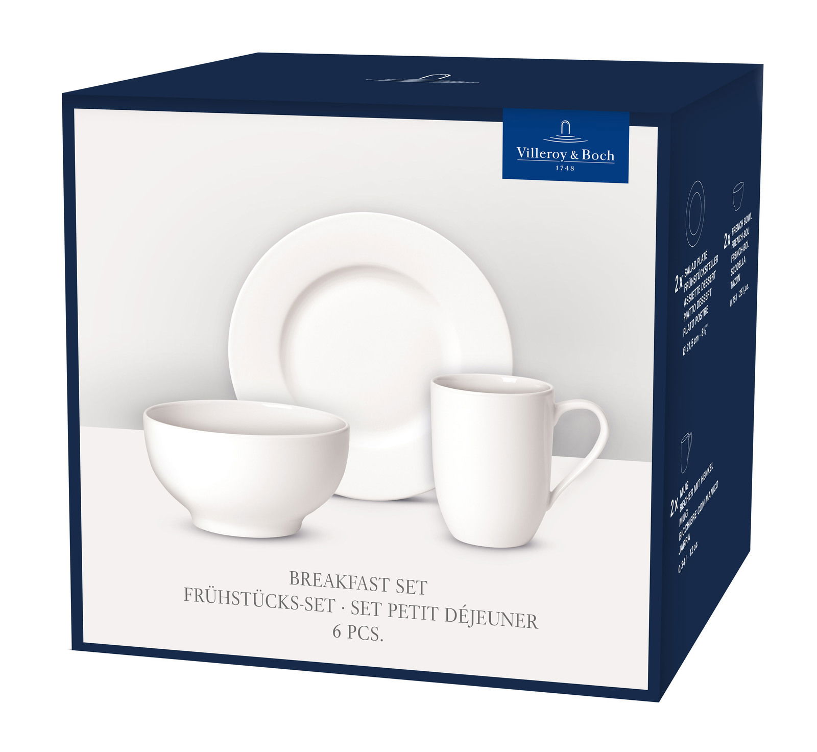 Frontalansicht eines weißen Frühstückssets von Villeroy & Boch, bestehend aus Teller, Schale und Tasse, in einer eleganten Verpackung.