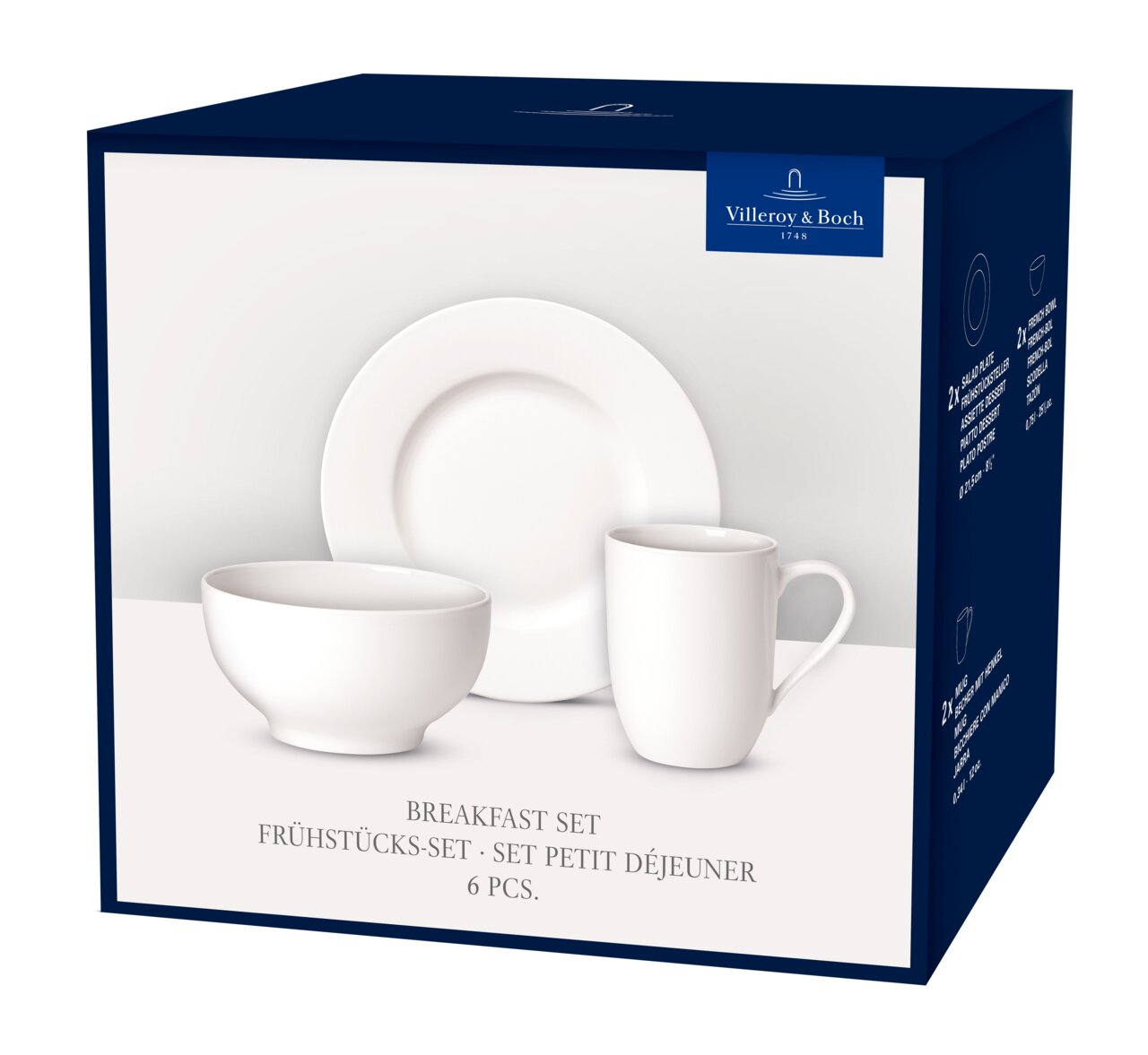 Villeroy & Boch Ontbijtset, 6-delig FOR ME Vooraanzicht van een wit ontbijtservies van Villeroy & Boch, bestaande uit een bord, een schaal en een kopje, verpakt in een elegante verpakking.