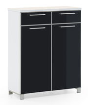 Moderner Schuhschrank mit zwei Schubladen und zwei Türen in schwarzer Hochglanzoptik, frontal betrachtet.