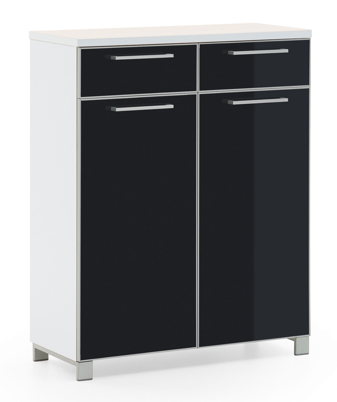 VOSS Schuhschrank SANTINA Moderner Schuhschrank mit zwei Schubladen und zwei Türen in schwarzer Hochglanzoptik, frontal betrachtet.