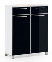 Moderner Schuhschrank mit zwei Schubladen und zwei Türen in schwarzer Hochglanzoptik, frontal betrachtet.