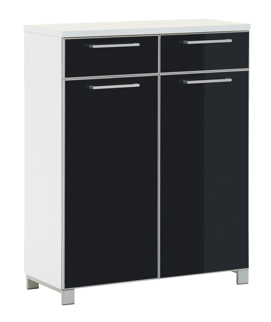 VOSS Schuhschrank SANTINA Moderner Schuhschrank mit zwei Schubladen und zwei Türen in schwarzer Hochglanzoptik, frontal betrachtet.