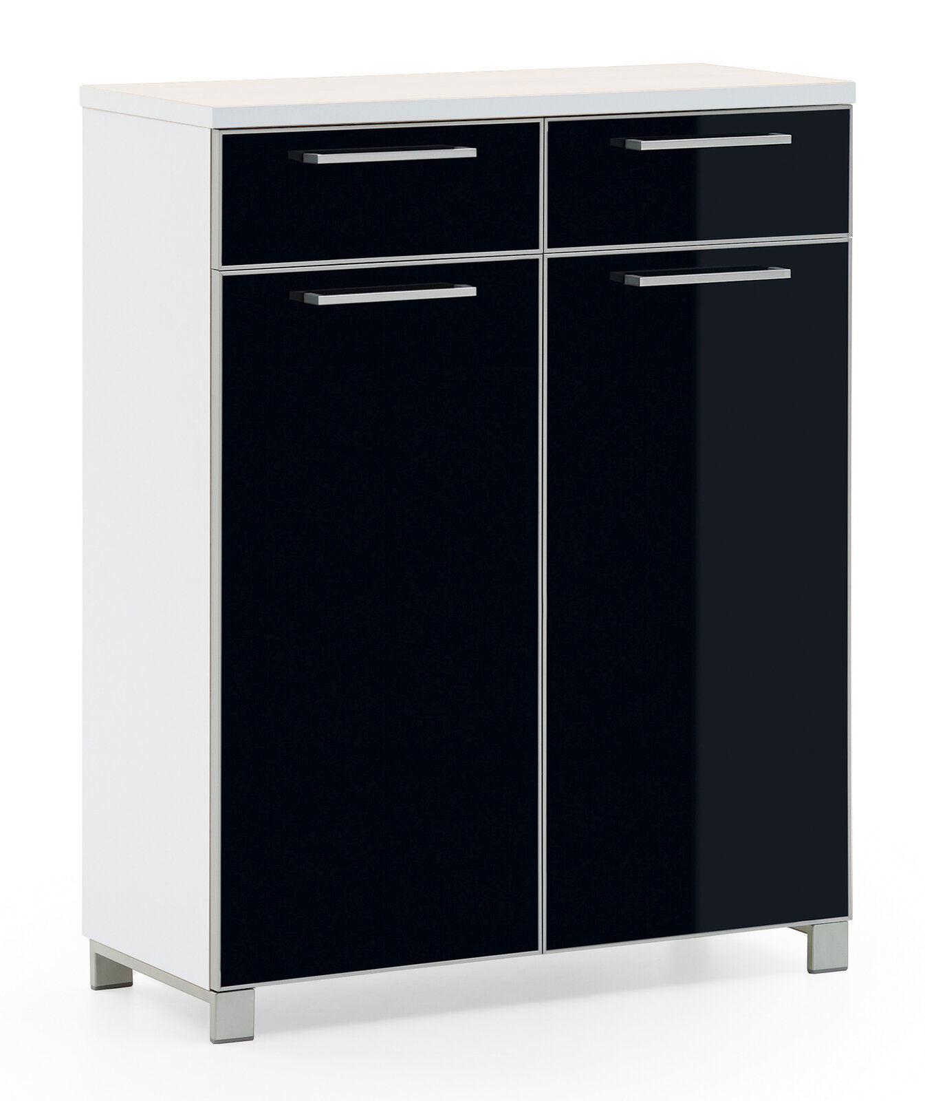 VOSS Schuhschrank SANTINA Moderner Schuhschrank mit zwei Schubladen und zwei Türen in schwarzer Hochglanzoptik, frontal betrachtet.