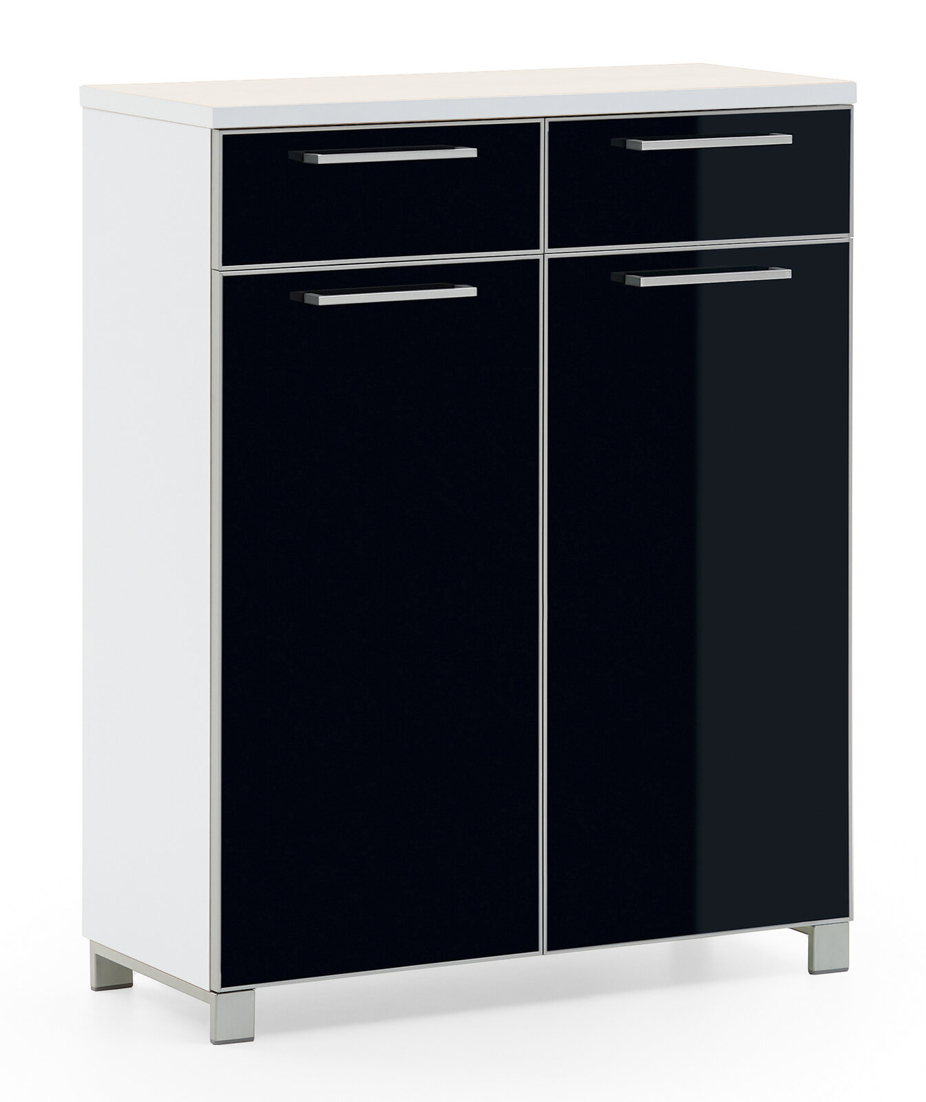 VOSS Schuhschrank SANTINA Moderner Schuhschrank mit zwei Schubladen und zwei Türen in schwarzer Hochglanzoptik, frontal betrachtet.