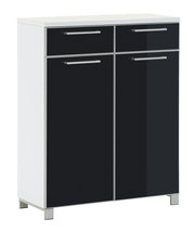 Moderner Schuhschrank mit zwei Schubladen und zwei Türen in schwarzer Hochglanzoptik, frontal betrachtet.