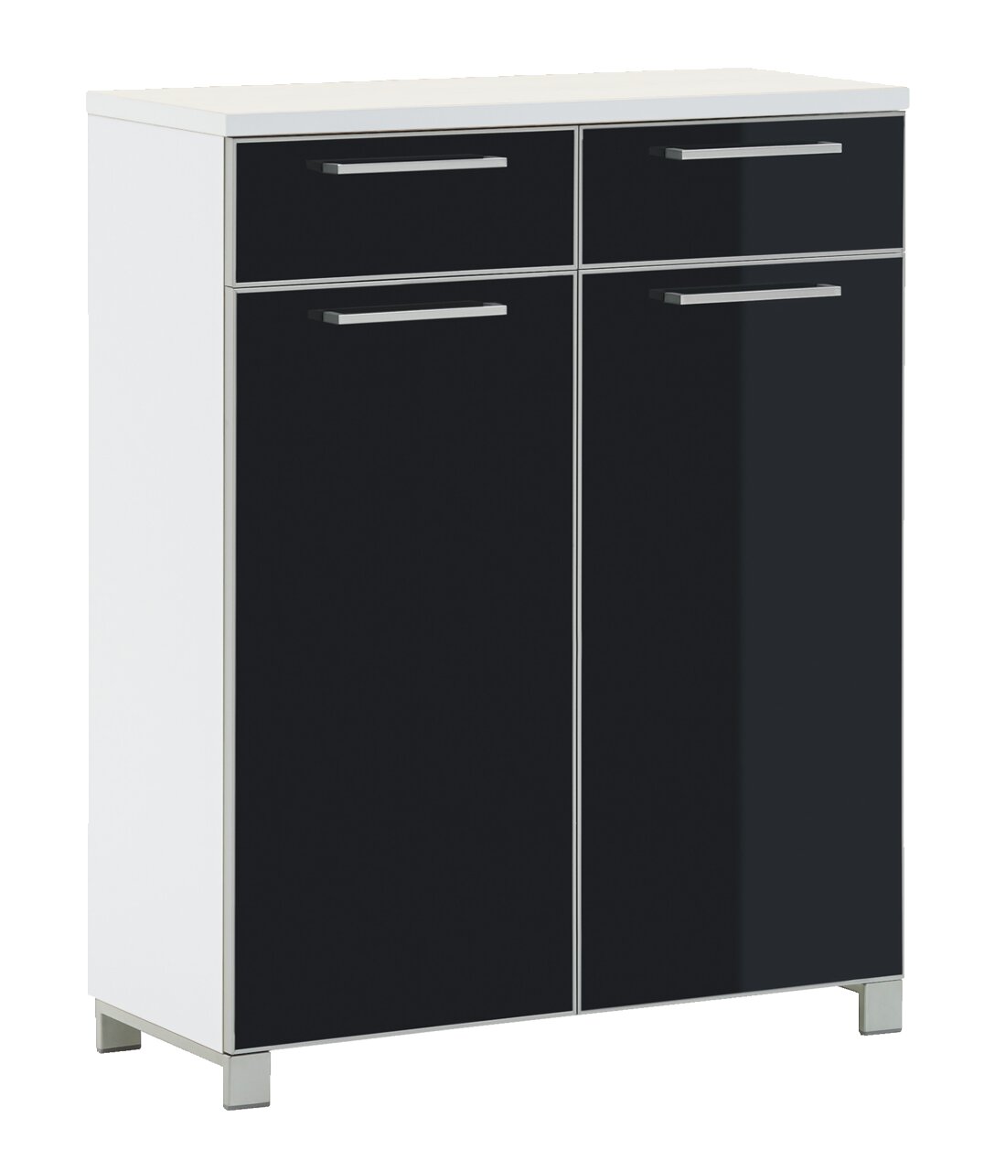 VOSS Schuhschrank SANTINA Moderner Schuhschrank mit zwei Schubladen und zwei Türen in schwarzer Hochglanzoptik, frontal betrachtet.