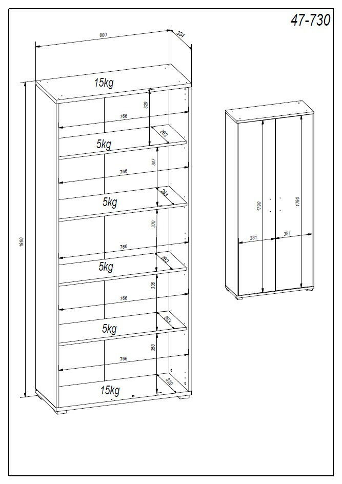 Zeichnung einer Bürokombination mit mehreren Regalböden, die Gewichtsgrenzen anzeigen. Perspektive von vorne und seitlich.