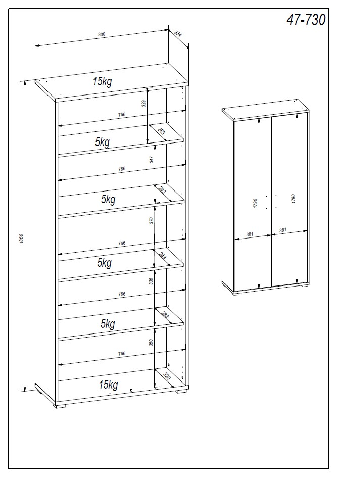Zeichnung einer Bürokombination mit mehreren Regalböden, die Gewichtsgrenzen anzeigen. Perspektive von vorne und seitlich.
