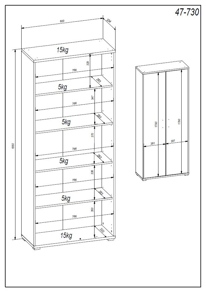 Tekening van een kantoorkast met meerdere planken, waarop de maximale belasting is aangegeven. Vooraanzicht en zijaanzicht.