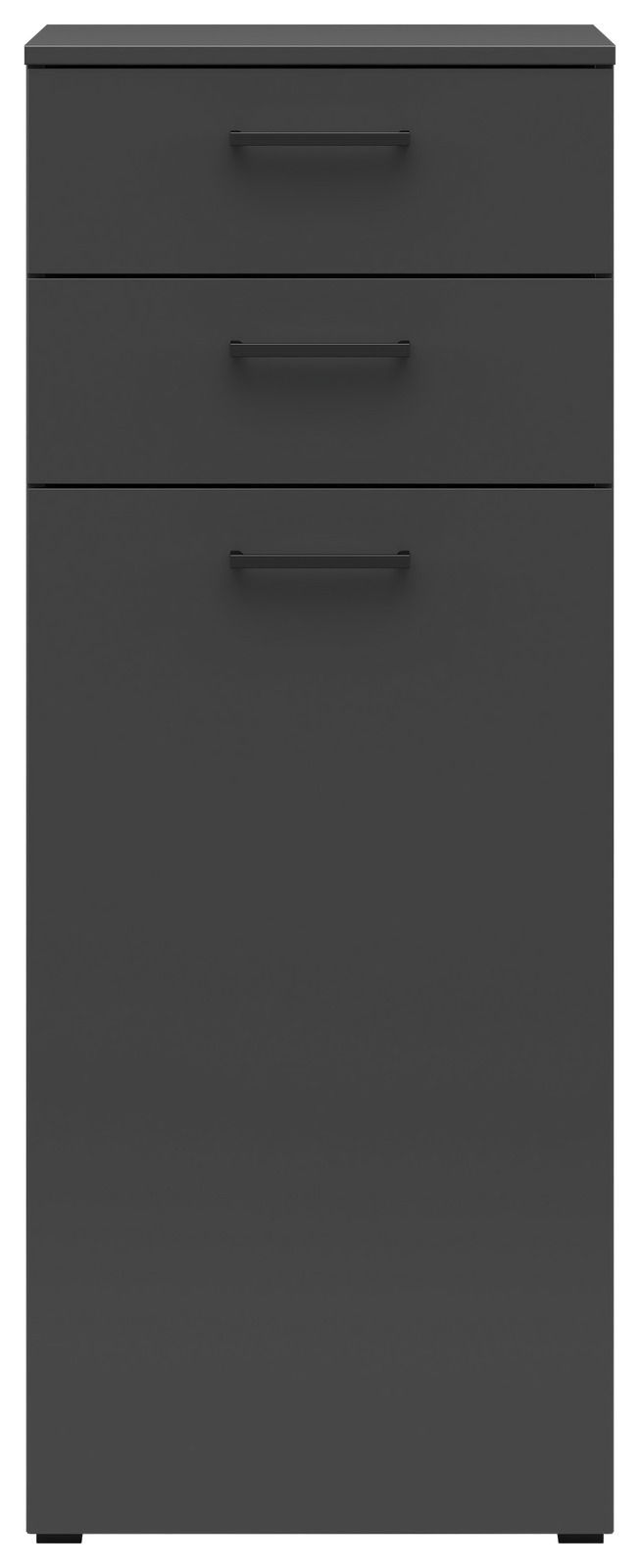 Schwarze Kommode mit drei Schubladen, frontale Ansicht