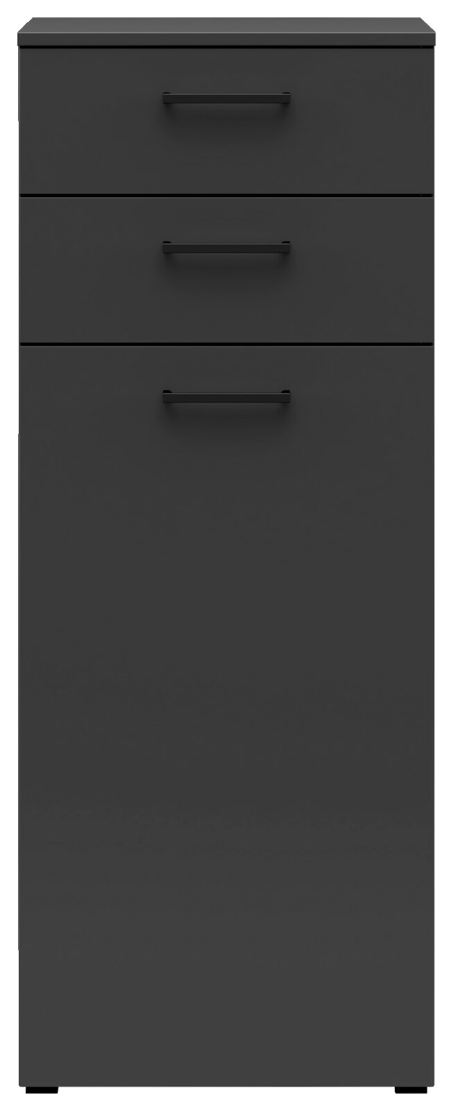 Schwarze Kommode mit drei Schubladen, frontale Ansicht