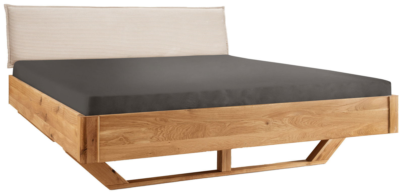 Massivholzbettgestell aus hellem Holz mit modernem Design, seitliche Perspektive