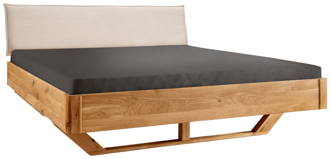 Massivholzbettgestell aus hellem Holz mit modernem Design, seitliche Perspektive