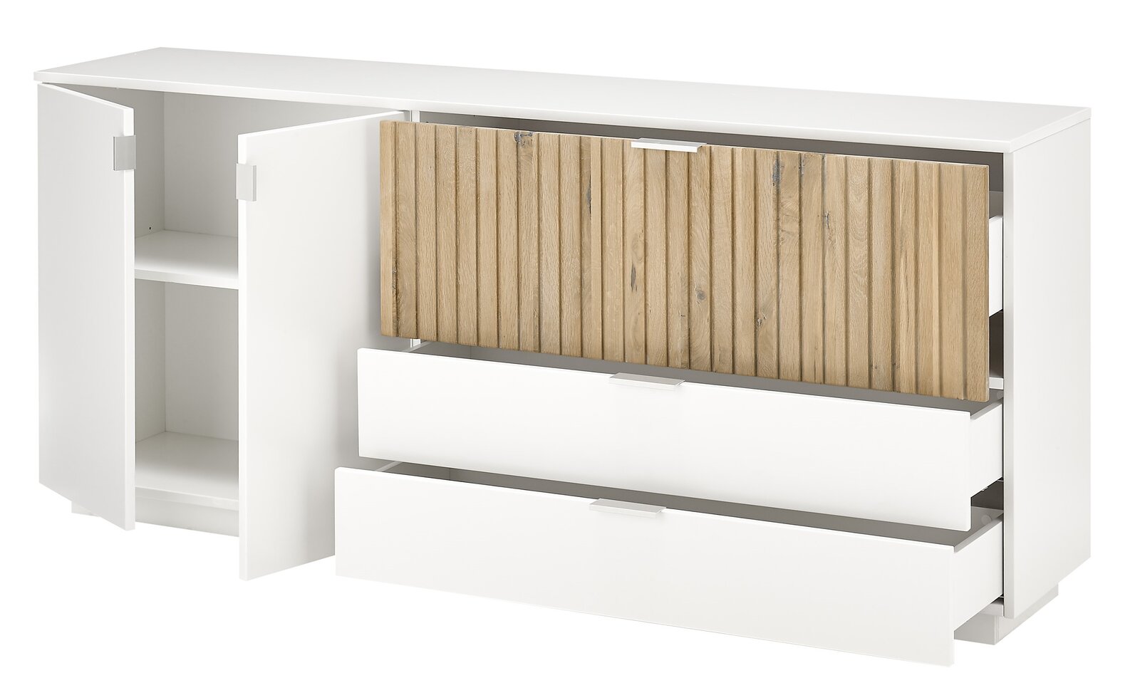 Weißes Sideboard mit offenen Türen und Schubladen, Frontansicht