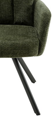 Grüner Armlehnstuhl mit schwarzem Metallgestell, seitliche Perspektive