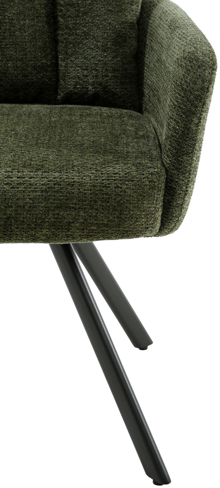 Grüner Armlehnstuhl mit schwarzem Metallgestell, seitliche Perspektive