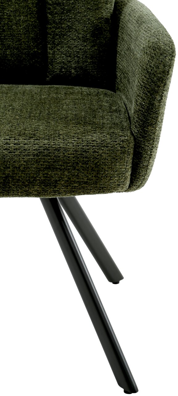 Grüner Armlehnstuhl mit schwarzem Metallgestell, seitliche Perspektive