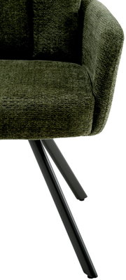 Grüner Armlehnstuhl mit schwarzem Metallgestell, seitliche Perspektive