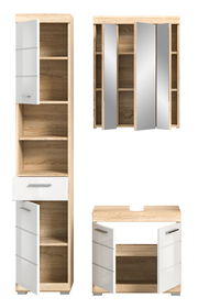Badkombination aus Holz mit weißen Hochglanzfronten, bestehend aus einem Hochschrank, einem Spiegelschrank und einem Unterschrank. Frontalansicht.