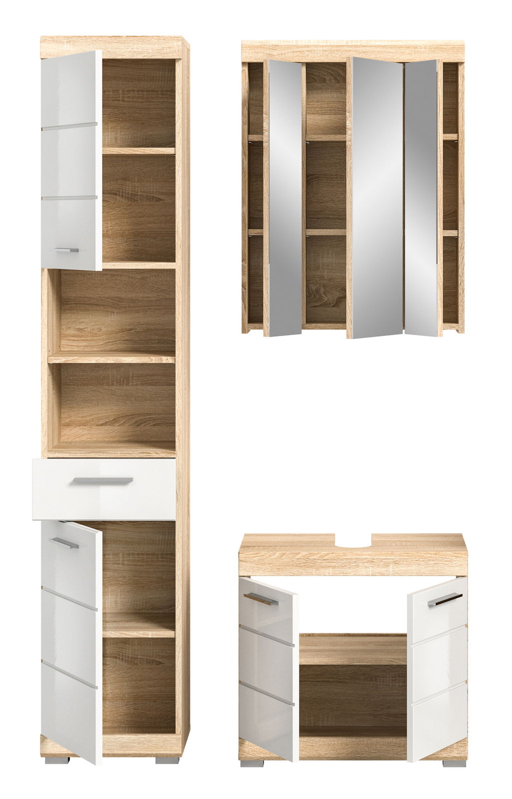 Badkombination aus Holz mit weißen Hochglanzfronten, bestehend aus einem Hochschrank, einem Spiegelschrank und einem Unterschrank. Frontalansicht.