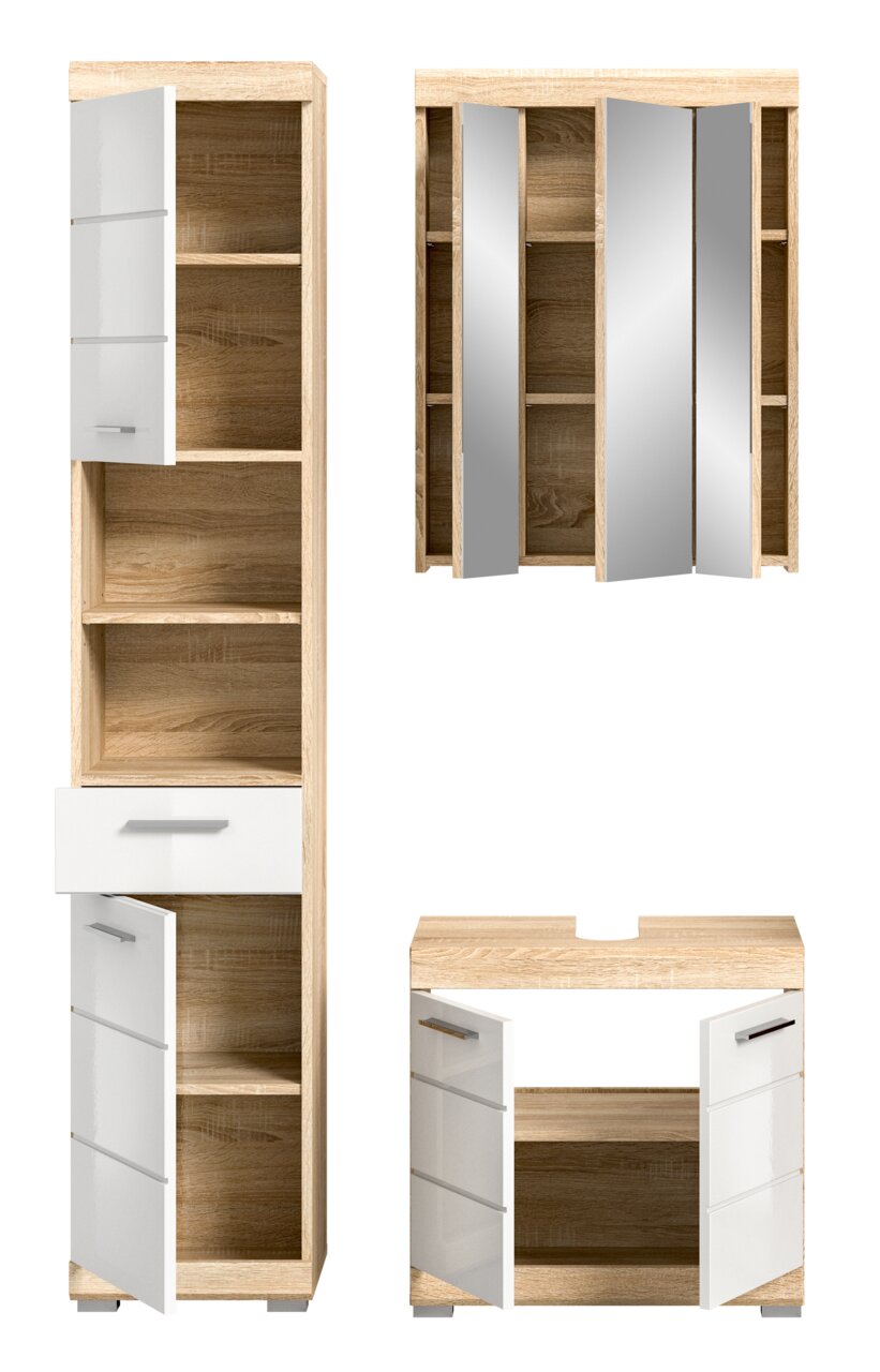 Badkombination aus Holz mit weißen Hochglanzfronten, bestehend aus einem Hochschrank, einem Spiegelschrank und einem Unterschrank. Frontalansicht.