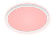Runde LED-Deckenleuchte mit weißem Rahmen und rosa Licht, Ansicht von unten