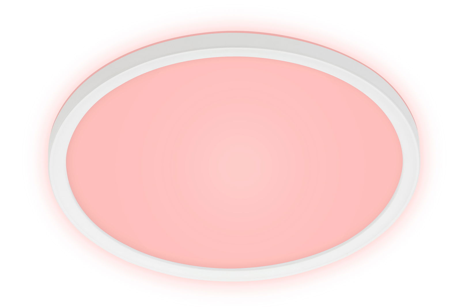 Runde LED-Deckenleuchte mit weißem Rahmen und rosa Licht, Ansicht von unten