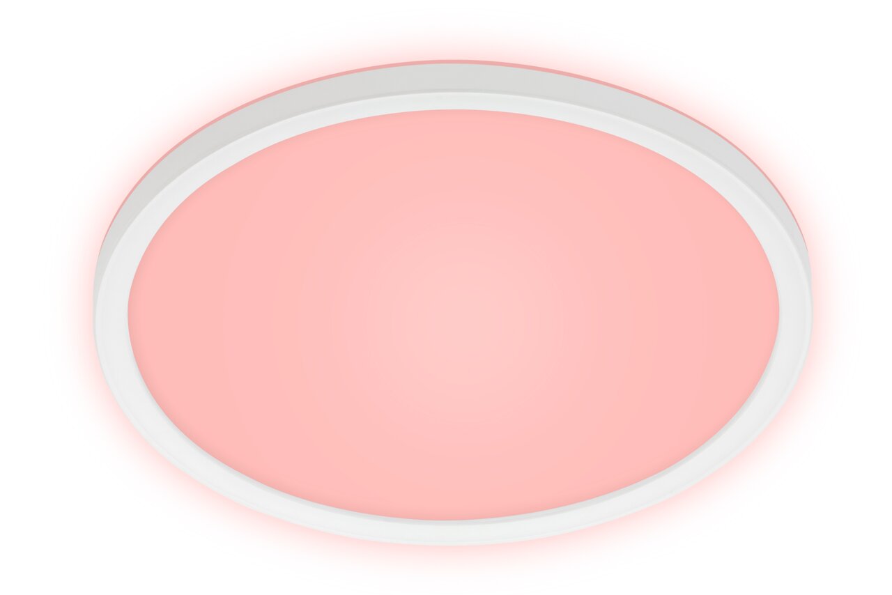Runde LED-Deckenleuchte mit weißem Rahmen und rosa Licht, Ansicht von unten