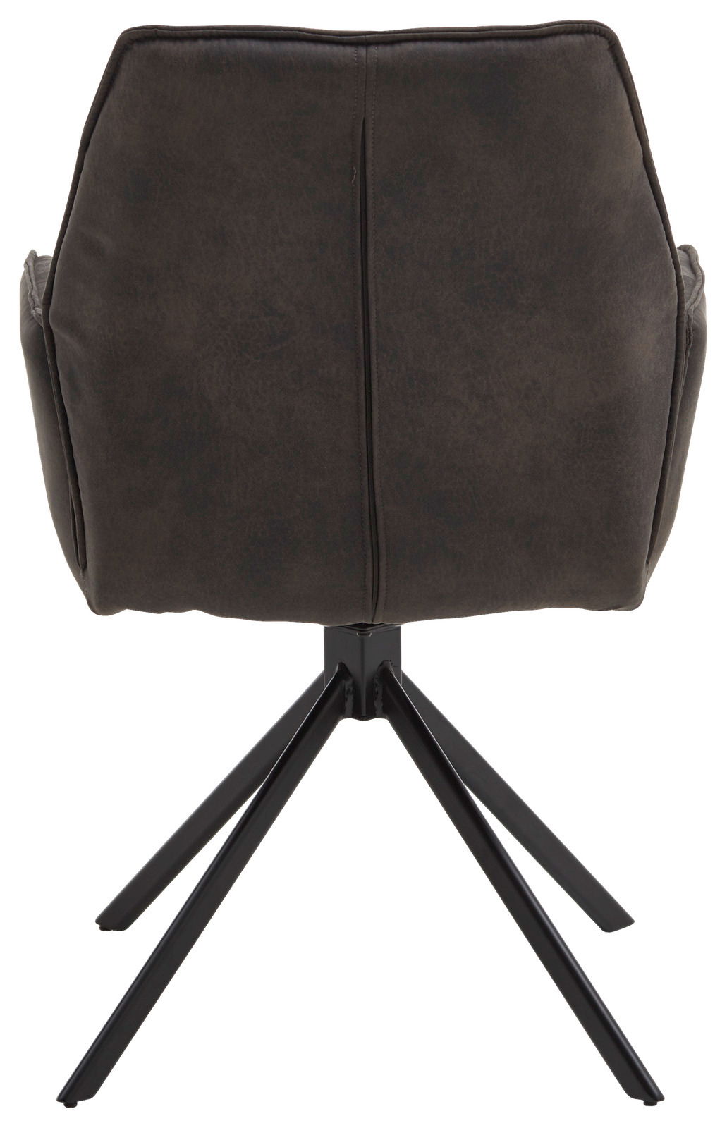 Rückansicht eines Sessels der Serie TORTILLA mit dunklem Bezug und schwarzem Metallgestell.