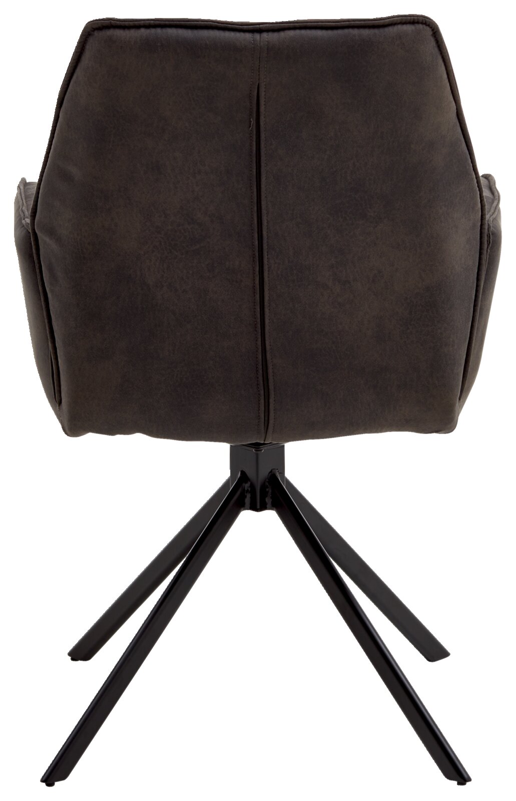 Achterkant van een fauteuil uit de TORTILLA-serie met een donkere bekleding en een zwart metalen frame.