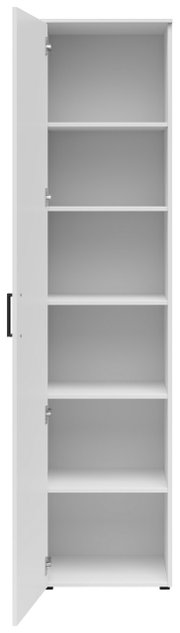 Weißer Mehrzweckschrank mit geöffneter Tür, fünf Regalböden sichtbar, Frontalansicht
