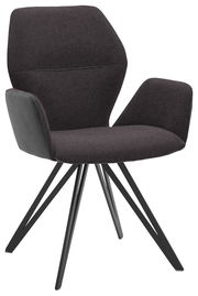 Moderner Armlehnenstuhl mit dunklem Stoffbezug und schwarzen Metallbeinen, seitliche Perspektive