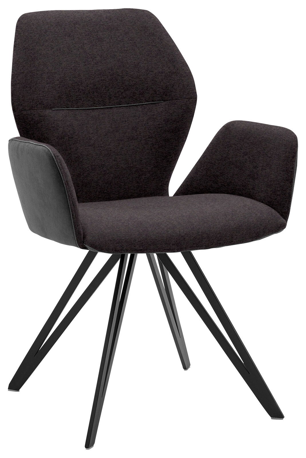 Moderner Armlehnenstuhl mit dunklem Stoffbezug und schwarzen Metallbeinen, seitliche Perspektive