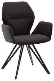 Moderner Armlehnenstuhl mit dunklem Stoffbezug und schwarzen Metallbeinen, seitliche Perspektive