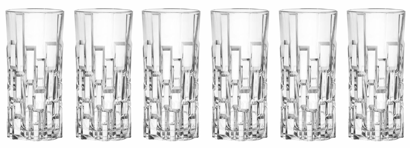 RCR Italia Longdrinkgläser 6er-Set 34cl ETNA Sechs Longdrinkgläser Etna mit facettiertem Design, frontal fotografiert.
