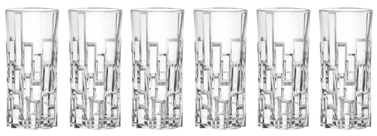 Sechs Longdrinkgläser Etna mit facettiertem Design, frontal fotografiert.