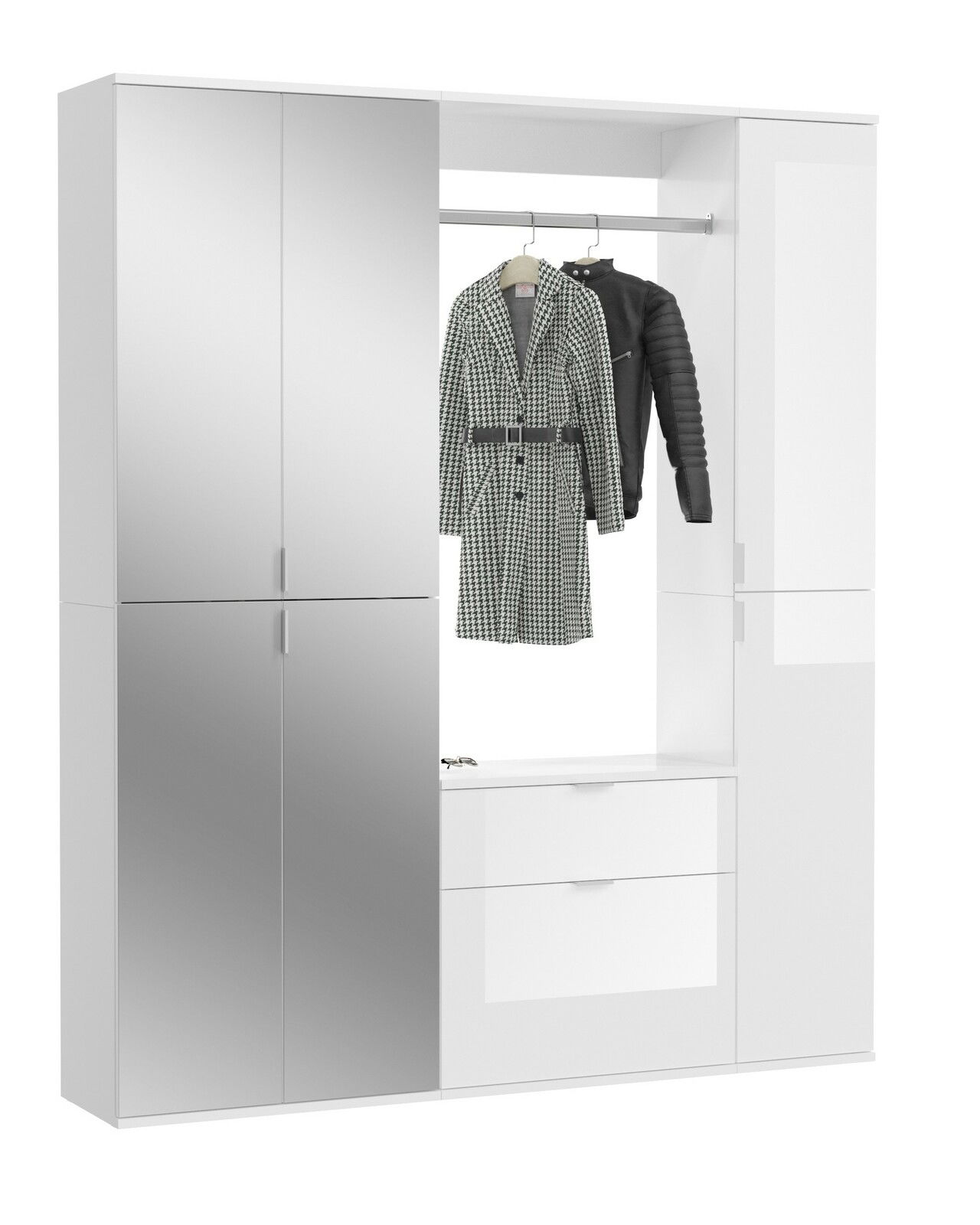 MID.YOU Garderobenkombination PROJEKT X Garderobenkombination in Weiß mit Spiegel- und Stauraumelementen, frontal betrachtet.