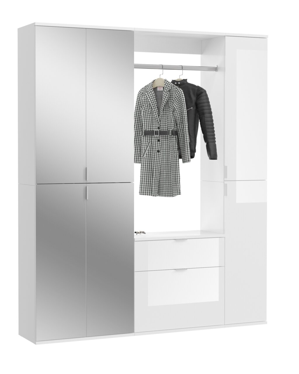 MID.YOU Garderobenkombination PROJEKT X Garderobenkombination in Weiß mit Spiegel- und Stauraumelementen, frontal betrachtet.