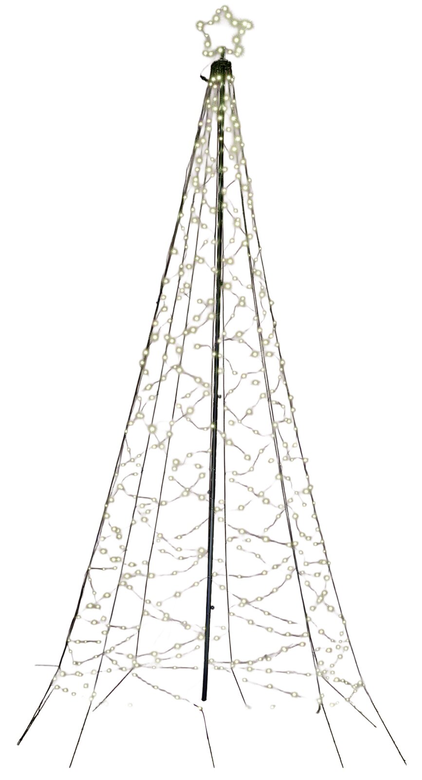 Frontaanzicht van een hoge, kegelvormige kerstboom van zwart metaal met warmwitte ledverlichting en een verlichte ster als piek