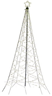 Frontaanzicht van een hoge, kegelvormige kerstboom van zwart metaal met warmwitte ledverlichting en een verlichte ster als piek