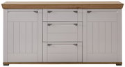 Frontale Ansicht eines modernen Sideboards mit weißen Türen und Schubladen, akzentuiert durch eine Holzplatte und Holzdetails.
