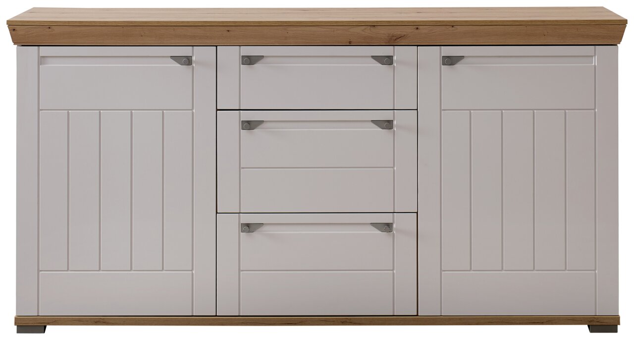 Frontale Ansicht eines modernen Sideboards mit weißen Türen und Schubladen, akzentuiert durch eine Holzplatte und Holzdetails.